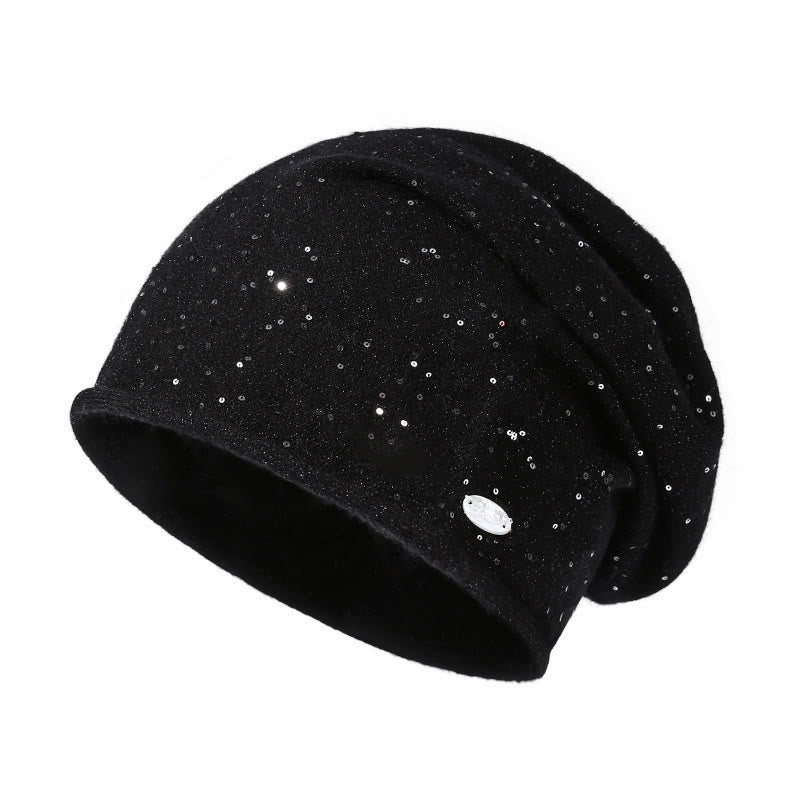 Fashionable Women's Sequin Embellished Knitted Beanie Hat - Black - Adjustable (About 22"-24 1/2") - image 2