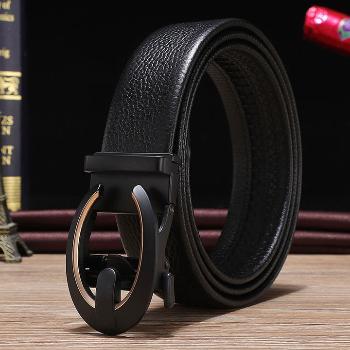 Men's C-Shaped Automatic Buckle Black Leather Belt - Golden - 42 - image 0