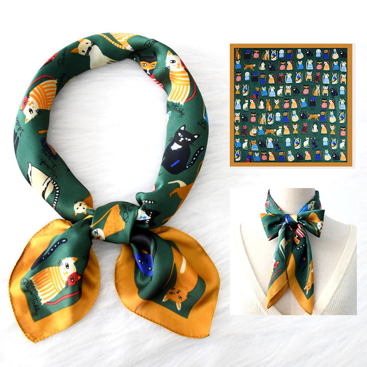Women's Cute Cat All Season Thin Square Scarf - Green - image 1