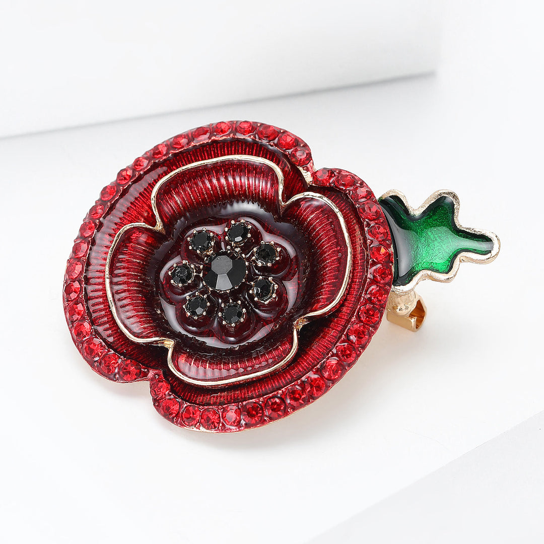 Red Crystal Poppy Shape Green Stem Gold Accent Brooch - image 2