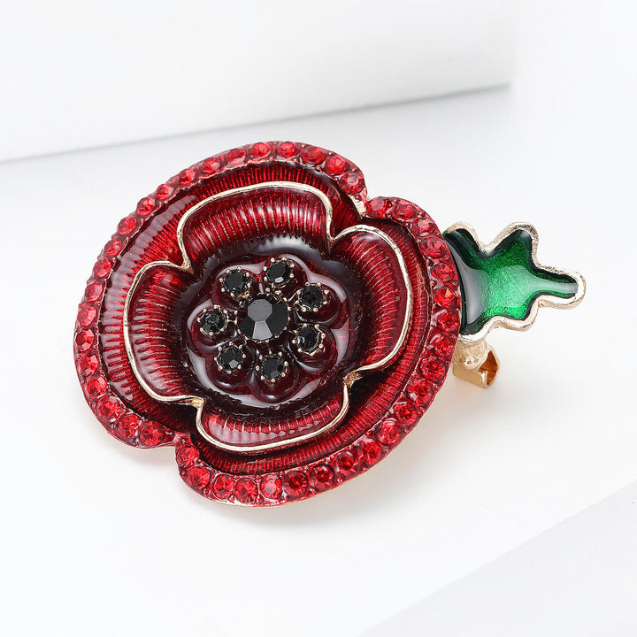 Red Crystal Poppy Shape Green Stem Gold Accent Brooch - image 2