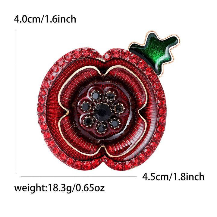 Red Crystal Poppy Shape Green Stem Gold Accent Brooch - image 4