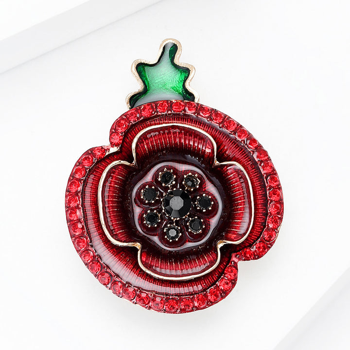 Red Crystal Poppy Shape Green Stem Gold Accent Brooch - image 1