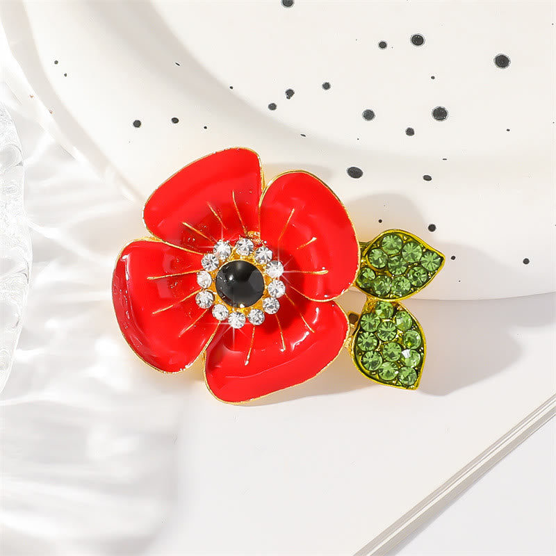 Vibrant Red Poppy Glossy Petal Sparkling Crystal-Adorned Leaf Gold Rim Brooch - Red - image 0