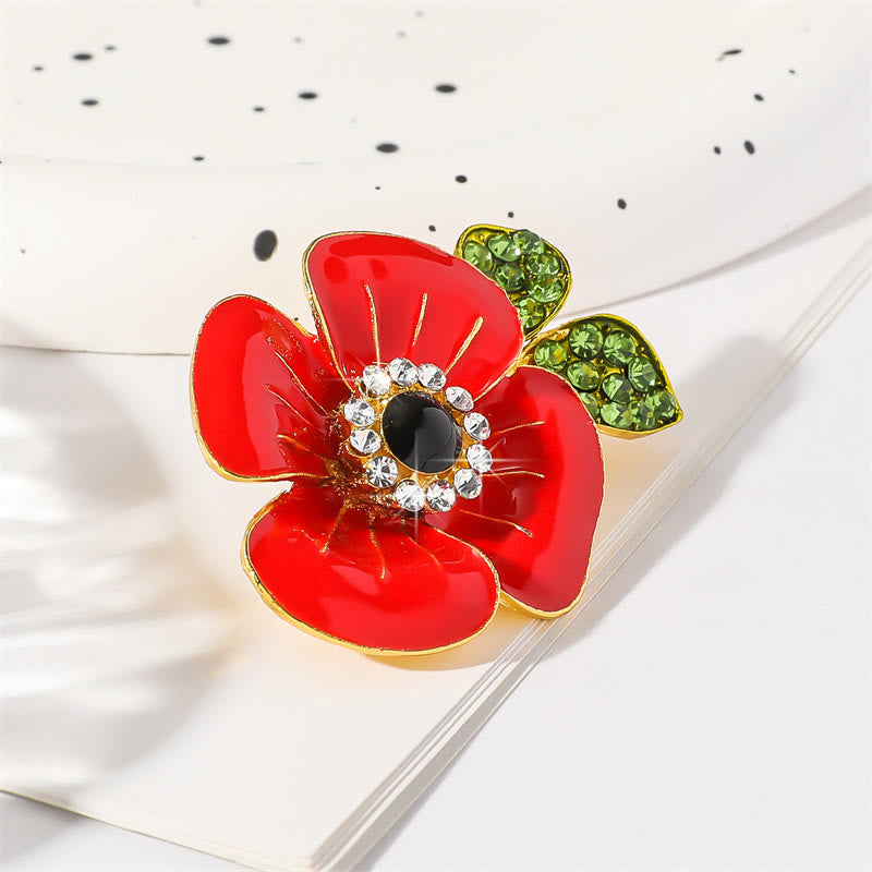 Vibrant Red Poppy Glossy Petal Sparkling Crystal-Adorned Leaf Gold Rim Brooch - image 1