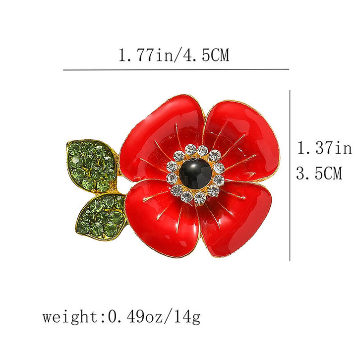Vibrant Red Poppy Glossy Petal Sparkling Crystal-Adorned Leaf Gold Rim Brooch - image 5