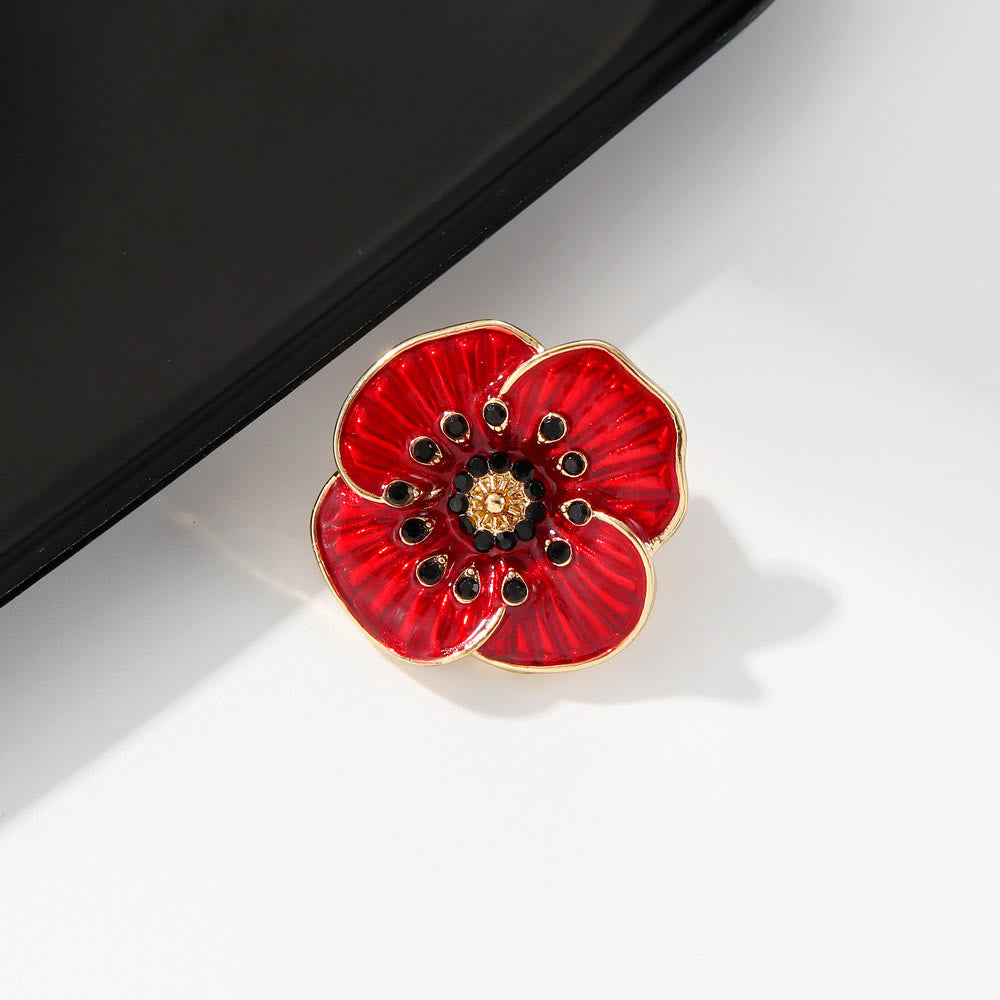Red Poppy Gem Embellished Silver Trim Brooch - image 6