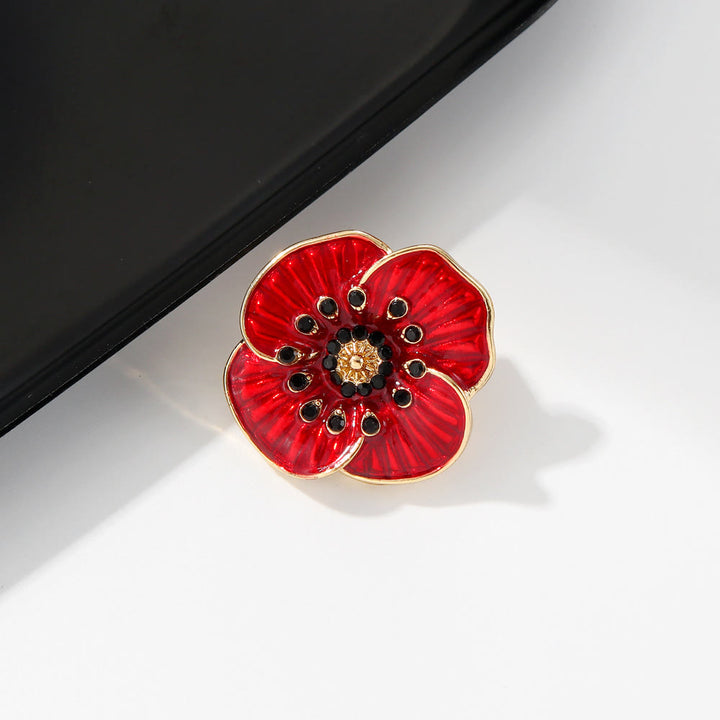 Red Poppy Gem Embellished Silver Trim Brooch - image 6