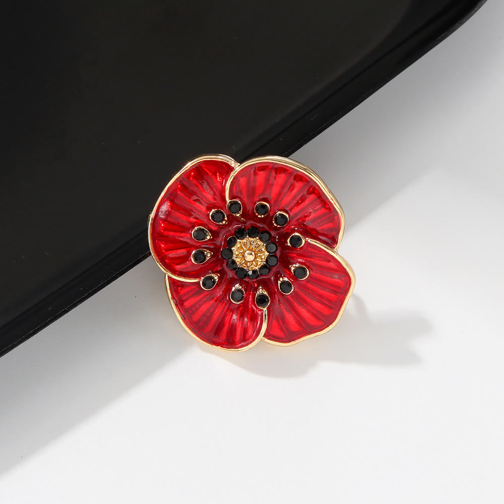 Red Poppy Gem Embellished Silver Trim Brooch - image 5