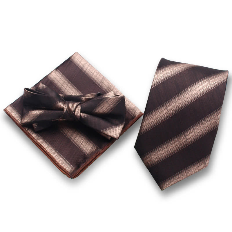 3Pcs Men's Elegant Striped Satin Bow Tie Pocket Square Necktie Formal Set - Style #2 - image 1