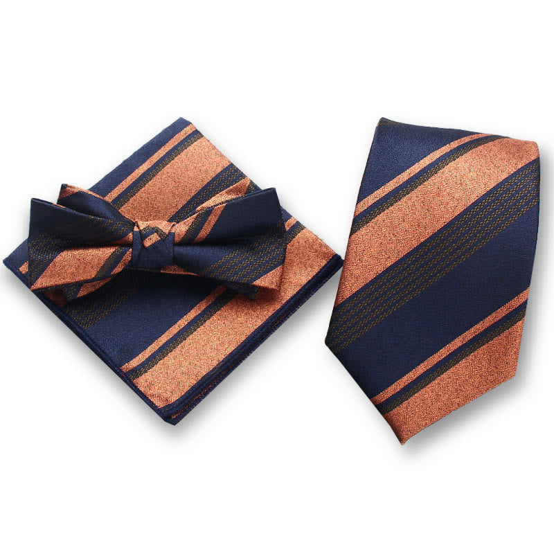 3Pcs Men's Elegant Striped Satin Bow Tie Pocket Square Necktie Formal Set - Style #5 - image 4