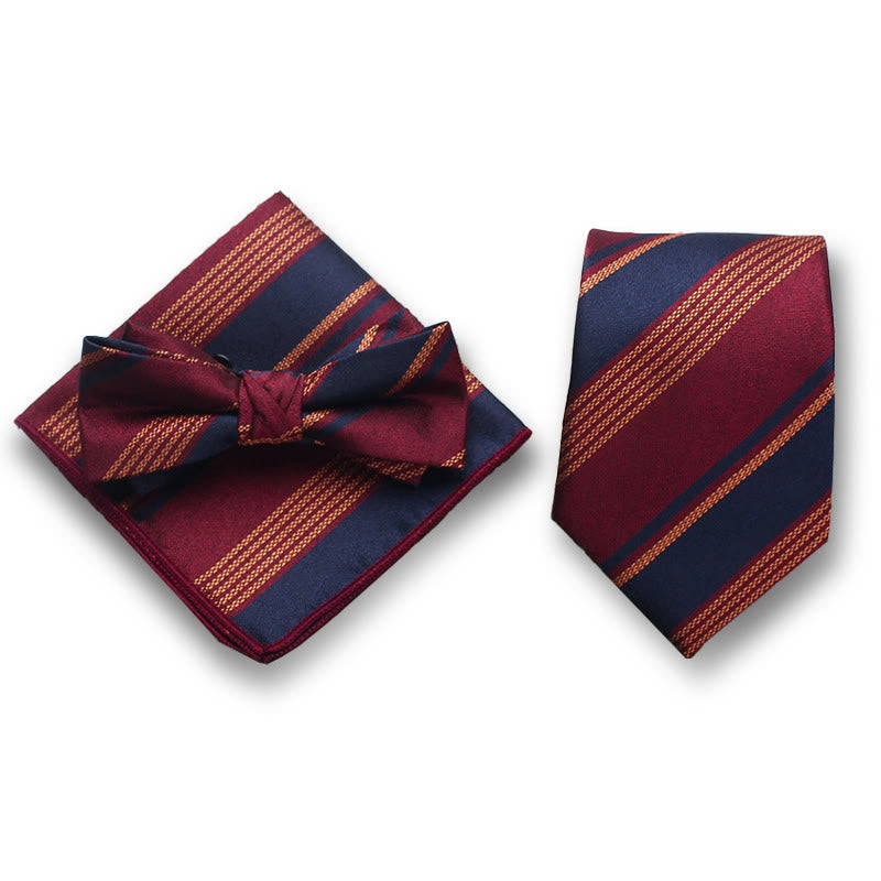 3Pcs Men's Elegant Striped Satin Bow Tie Pocket Square Necktie Formal Set - Style #4 - image 3