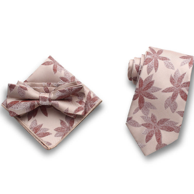 3Pcs Men's Gentle Leaf Pattern Satin Bow Tie Pocket Square Necktie Formal Set - Style #4 - image 3