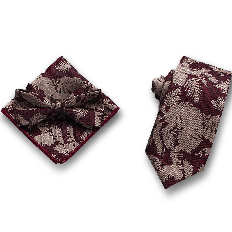 3Pcs Men's Gentle Leaf Pattern Satin Bow Tie Pocket Square Necktie Formal Set - Style #2 - image 1