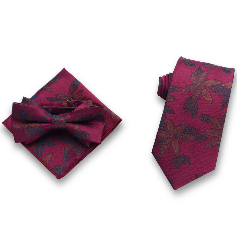 3Pcs Men's Gentle Leaf Pattern Satin Bow Tie Pocket Square Necktie Formal Set - Style #5 - image 4