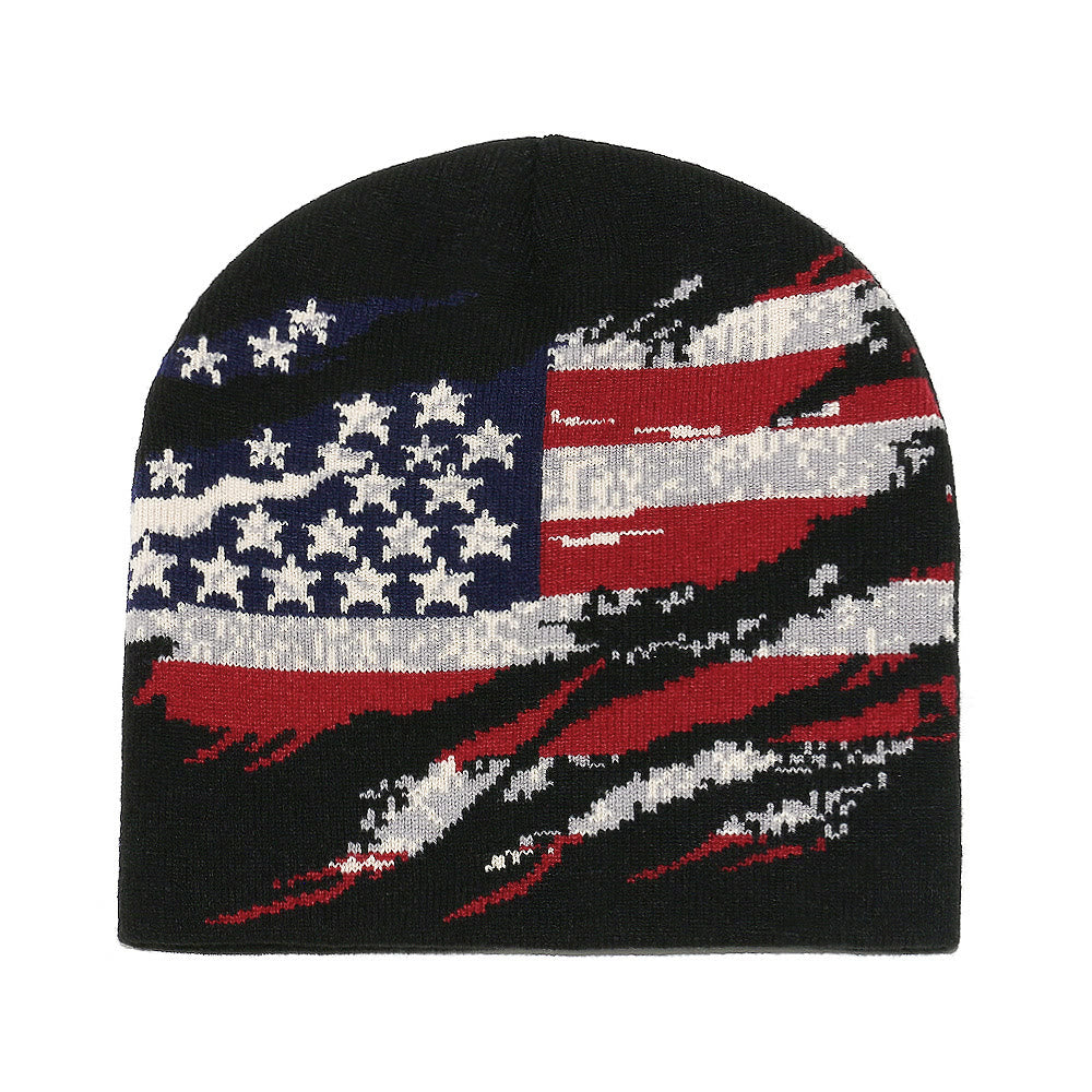 Men's Stylish Distressed American Flag Pattern Multi-color Knitted Hat - Black - 58 (22 7/8") - image 1