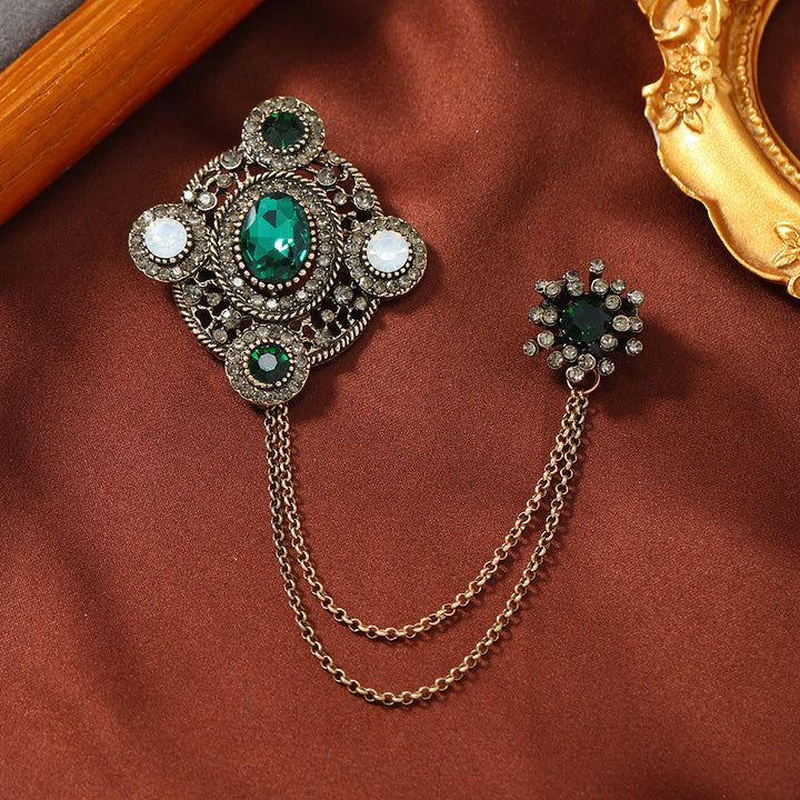 Vintage Gem-Adorned Crescent Double-Chain Gold Accent Brooch - Style #6 - image 5