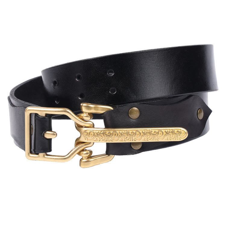 Men's Retro Knight Golden Buckle Carved Leather Belt - Black - 34 - image 5