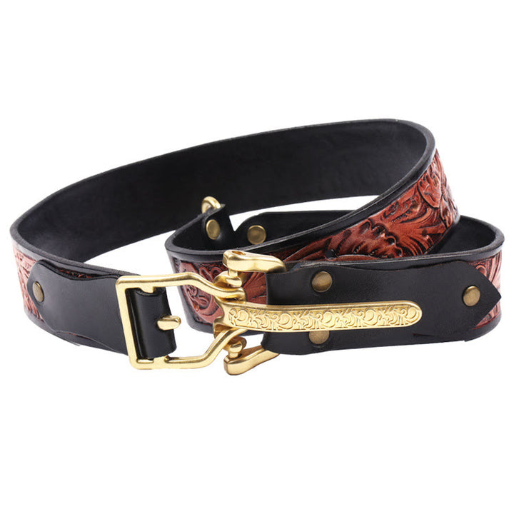 Men's Retro Knight Golden Buckle Carved Leather Belt - Black Carving - 34 - image 0