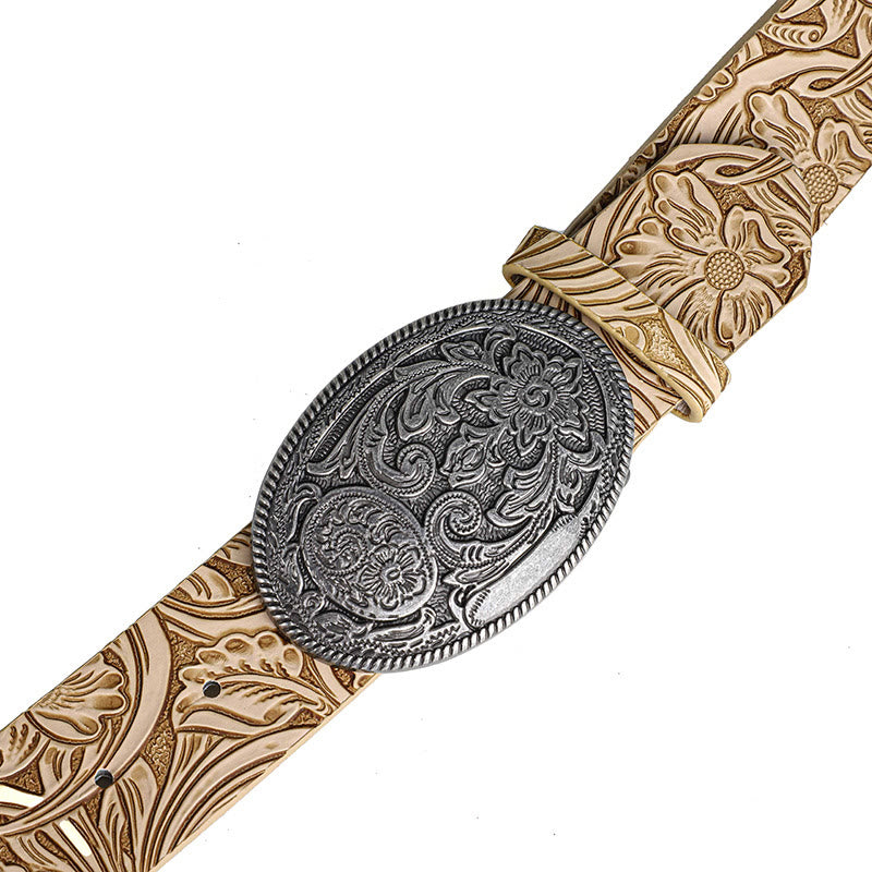 Men's Retro Silver Oval Carved Buckle Leather Belt - image 3