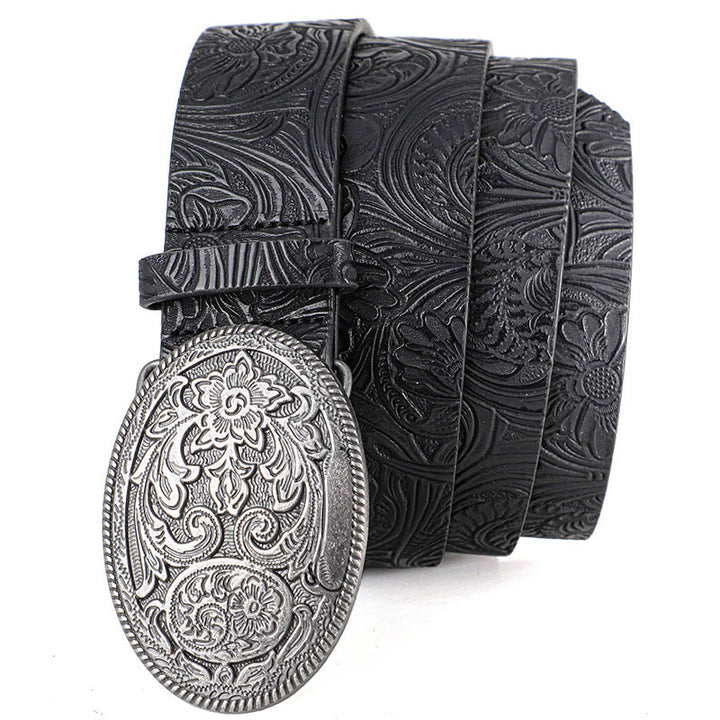 Men's Retro Silver Oval Carved Buckle Leather Belt - image 6