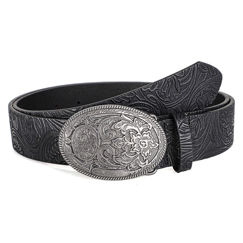Men's Retro Silver Oval Carved Buckle Leather Belt - Black - 40 - image 7