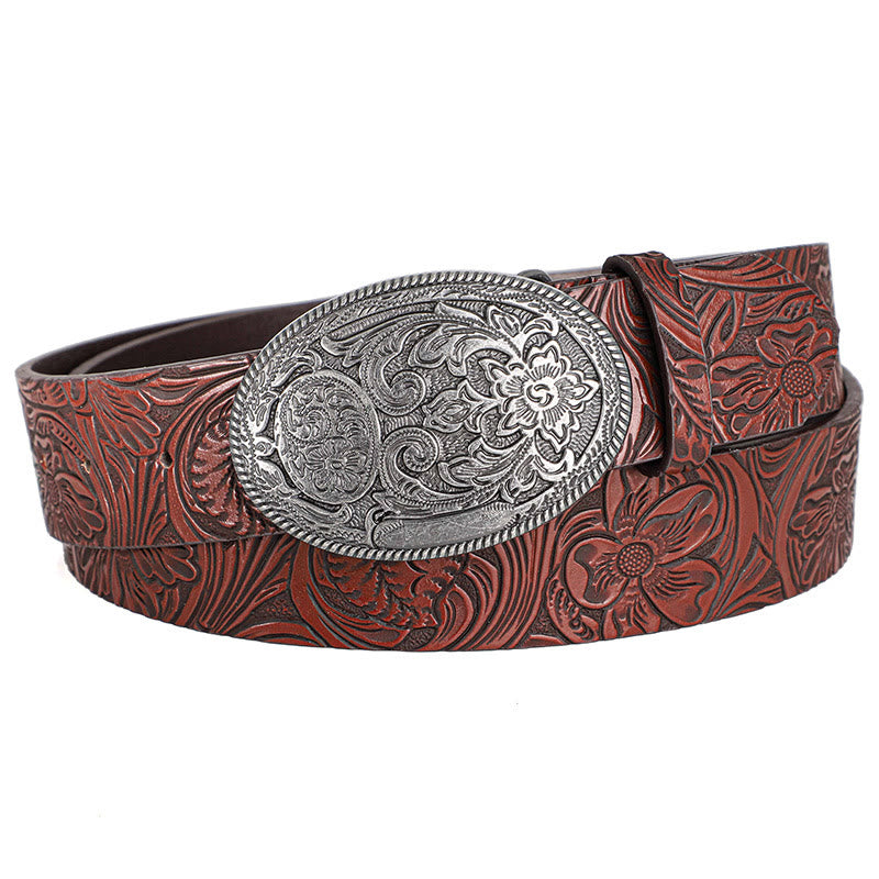 Men's Retro Silver Oval Carved Buckle Leather Belt - Wine - 40 - image 9