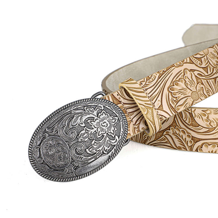 Men's Retro Silver Oval Carved Buckle Leather Belt - image 2