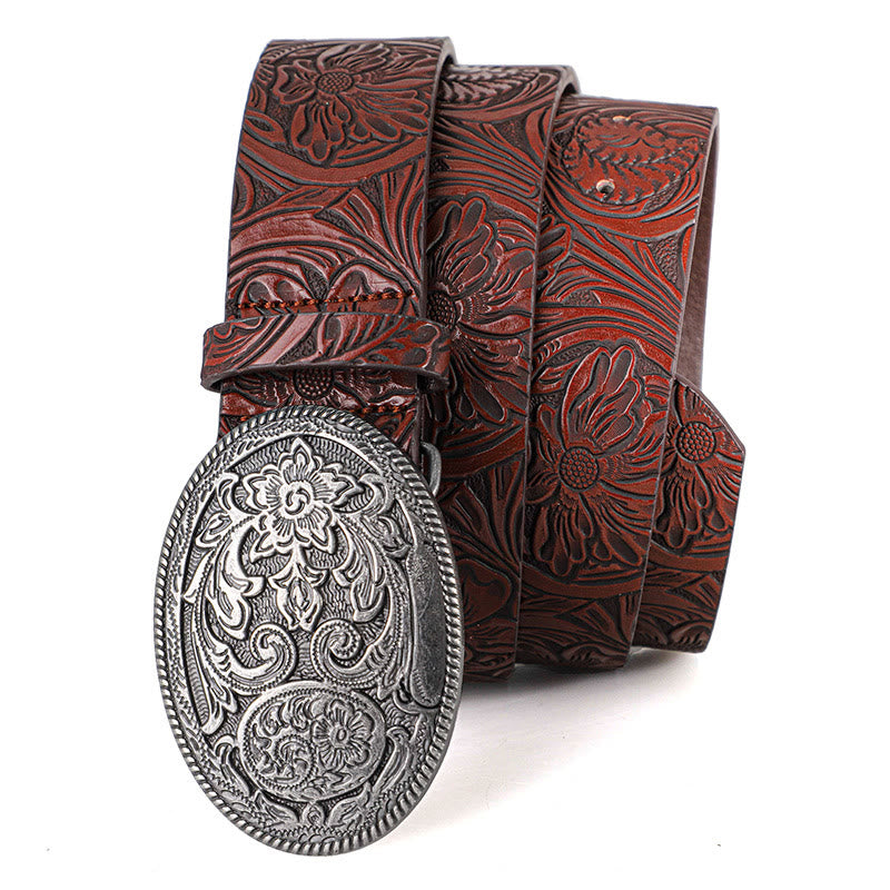 Men's Retro Silver Oval Carved Buckle Leather Belt - image 8