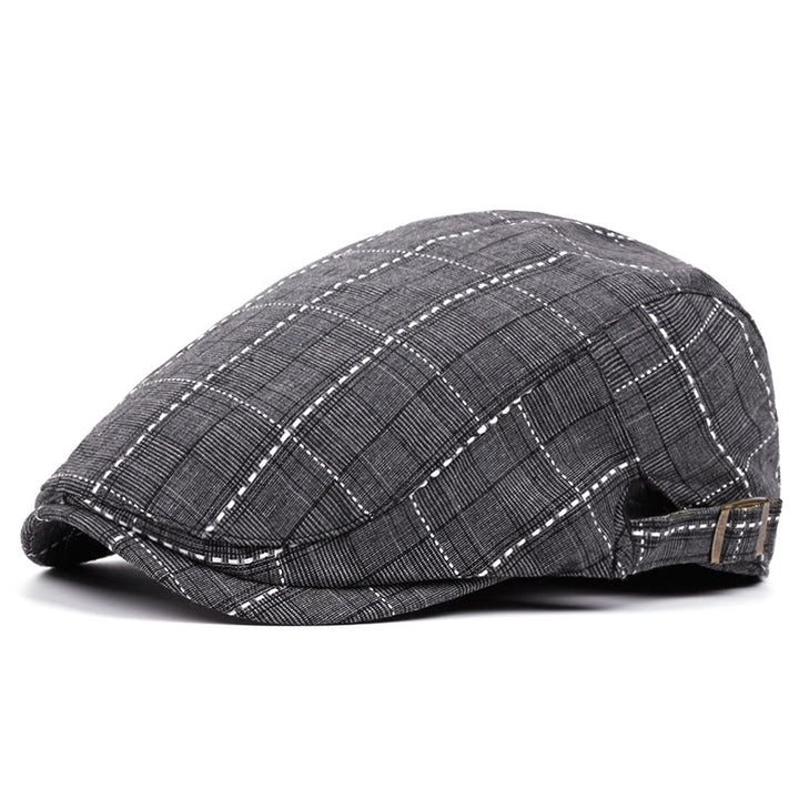 Men's Retro Checkered-Line Adjustable Buckle Beret Hat - Black - Adjustable (About 21 5/8"-23 1/4") - image 0