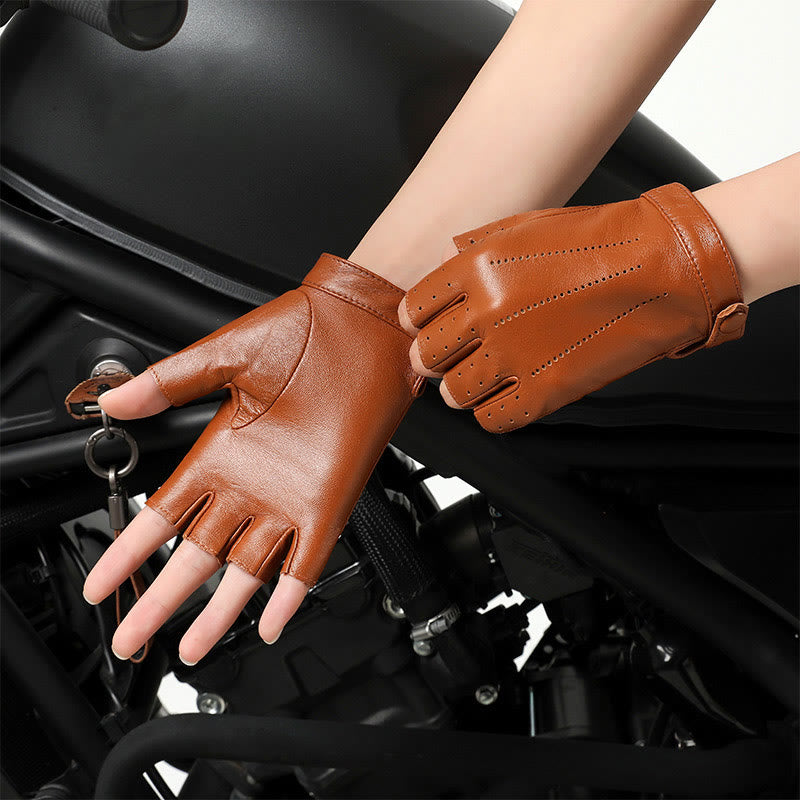 Women's Half Finger Cycling Breathable Protective Leather Gloves - Camel - XL - image 0