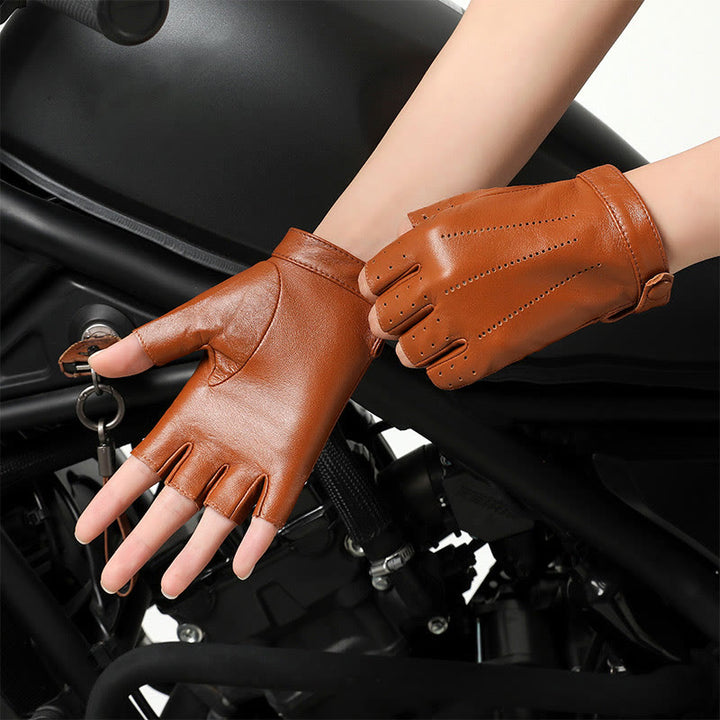 Women's Half Finger Cycling Breathable Protective Leather Gloves - Camel - XL - image 0