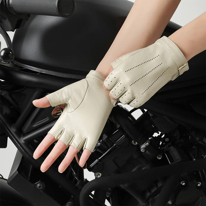 Women's Half Finger Cycling Breathable Protective Leather Gloves - Beige - XL - image 7