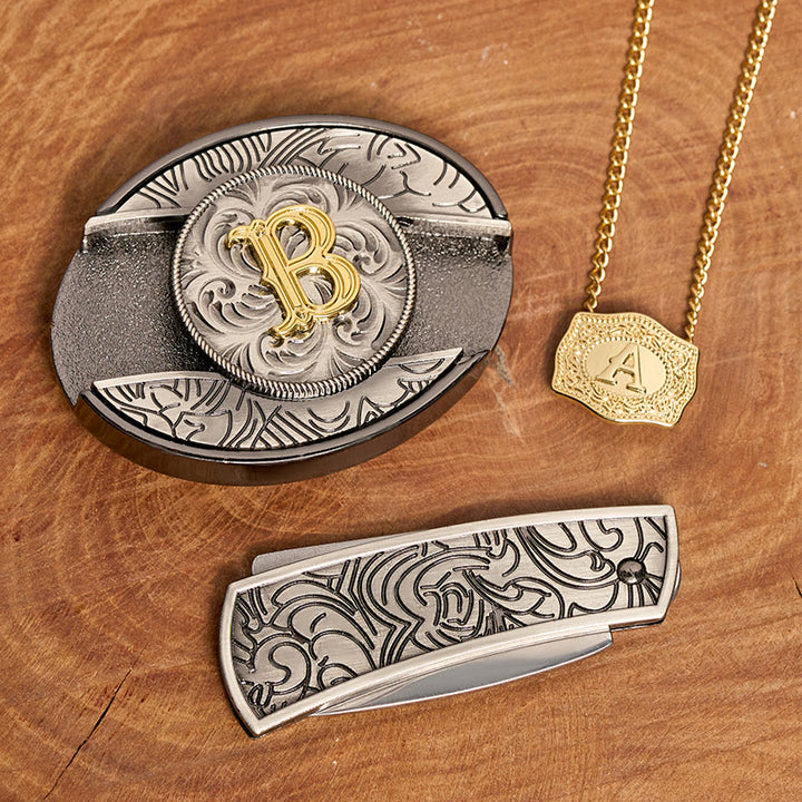 Initial Letter DIY Hidden Knife Belt Buckle Gold Necklace Bundle Set - image 3