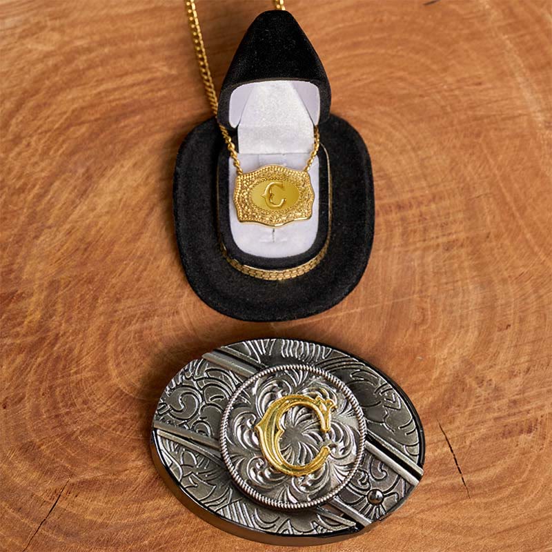 Initial Letter DIY Hidden Knife Belt Buckle Gold Necklace Bundle Set - C - Without Belt - image 8