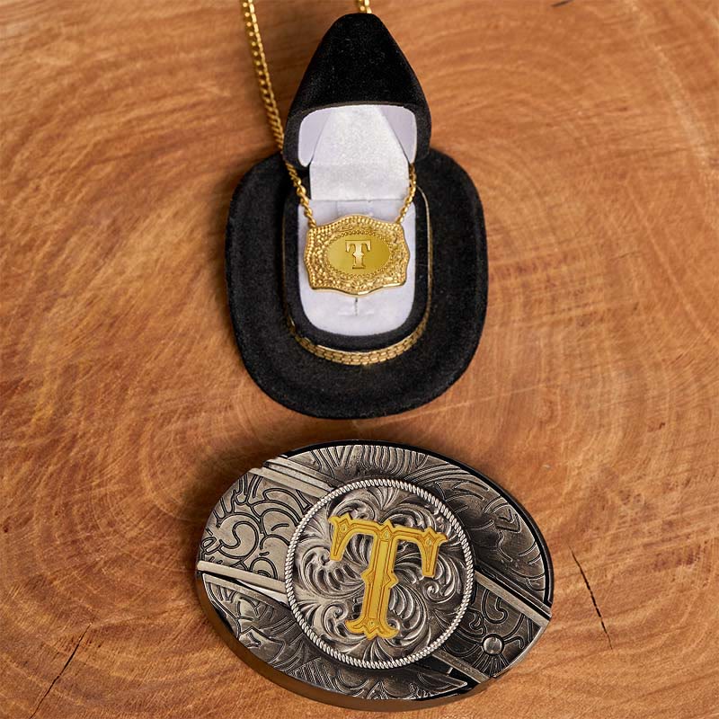 Initial Letter DIY Hidden Knife Belt Buckle Gold Necklace Bundle Set - T - Without Belt - image 25