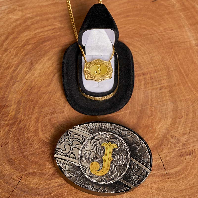 Initial Letter DIY Hidden Knife Belt Buckle Gold Necklace Bundle Set - J - Without Belt - image 15