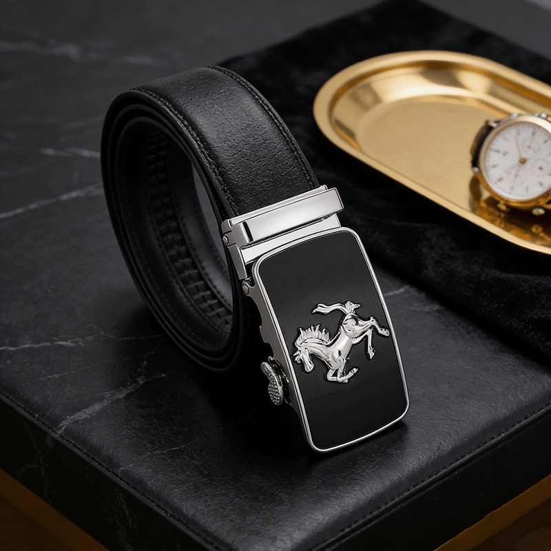 Men's Galloping Horse Emblem Automatic Buckle Leather Belt - image 0
