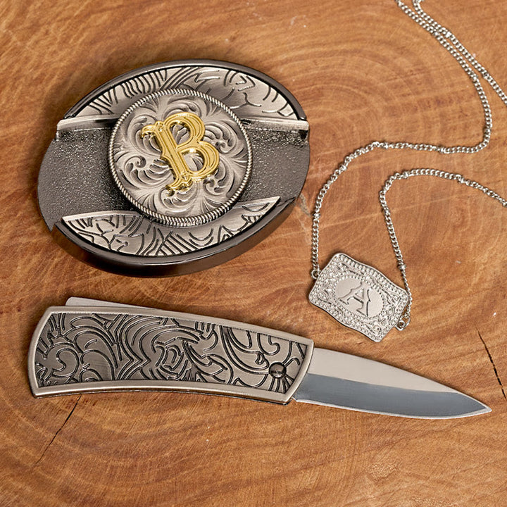 Initial Letter DIY Hidden Knife Belt Buckle Silver Necklace Bundle Set - image 1