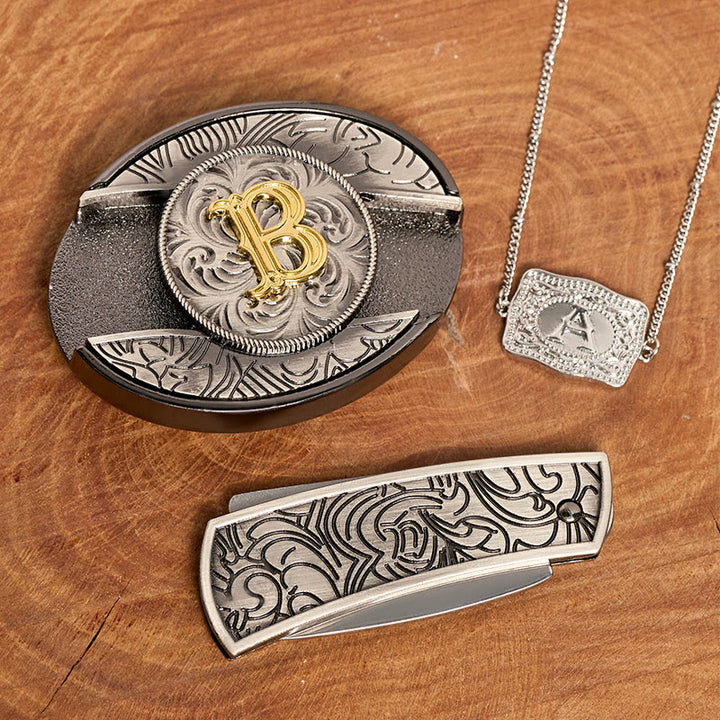 Initial Letter DIY Hidden Knife Belt Buckle Silver Necklace Bundle Set - image 3