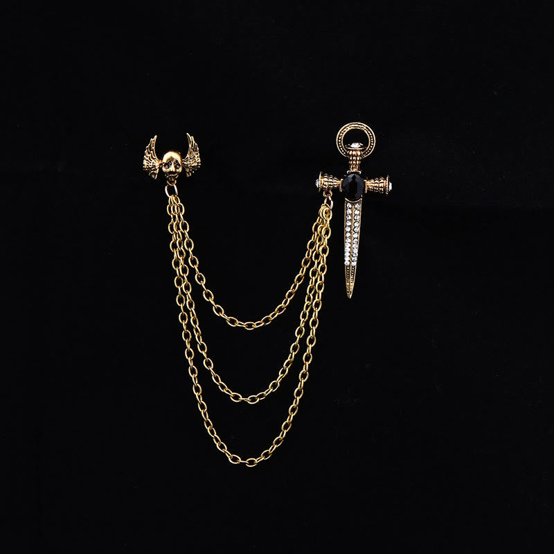 Dark Punk Skull-Wing and Dagger Dual-Style Multi-Chain Brooch - Golden - image 1