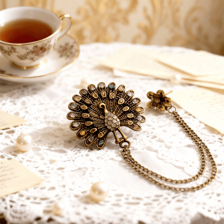 Ornate Peacock Plume Colorful Crystal Double-Chain Brooch - Style #1 - image 1