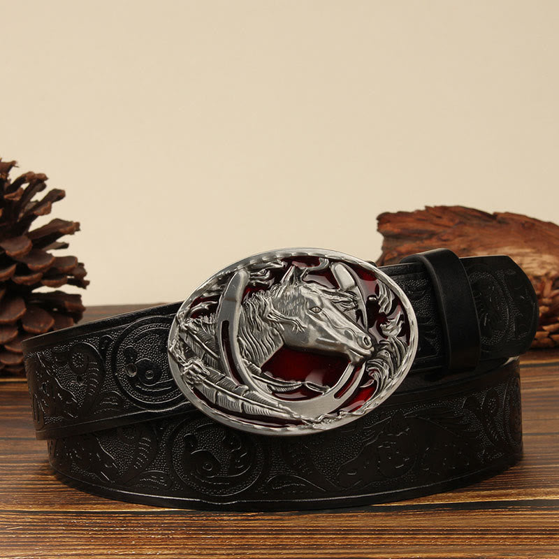 Men's Silver Horsehead & Horseshoe Carving Leather Belt - Red Horse - Black #1 - 44 - image 1
