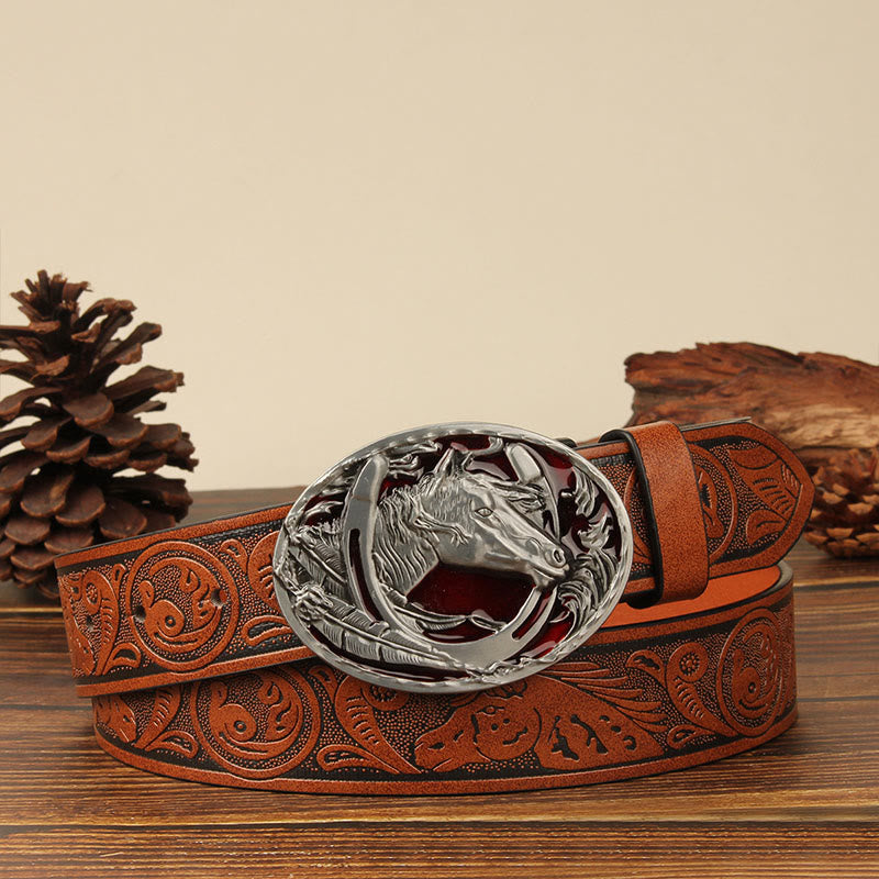 Men's Silver Horsehead & Horseshoe Carving Leather Belt - Red Horse - Caramel - 44 - image 3