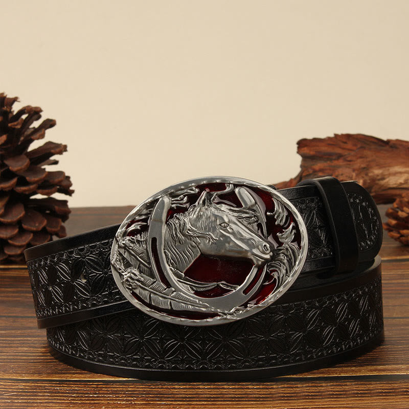 Men's Silver Horsehead & Horseshoe Carving Leather Belt - Red Horse - Black #2 - 44 - image 2