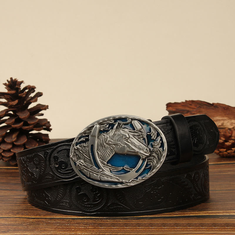 Men's Silver Horsehead & Horseshoe Carving Leather Belt - Blue Horse - Black #1 - 44 - image 6