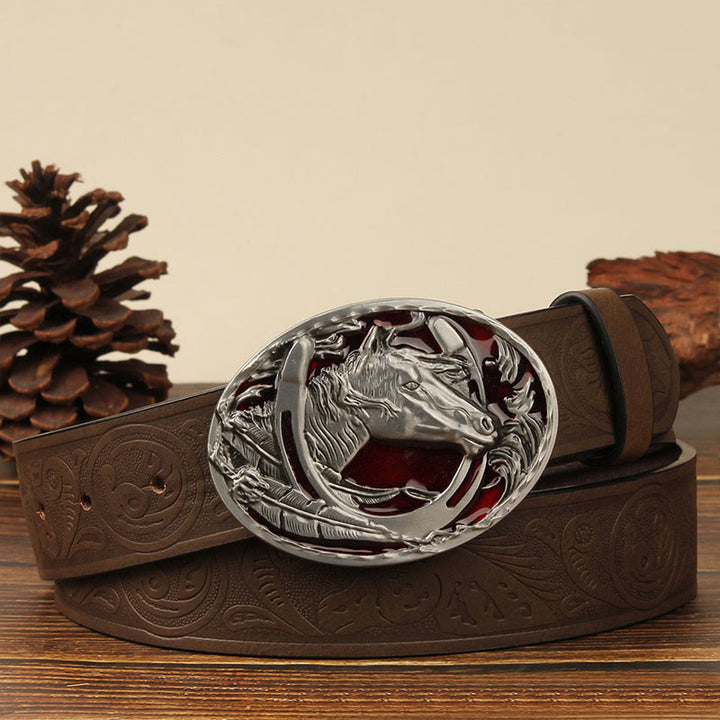 Men's Silver Horsehead & Horseshoe Carving Leather Belt - Red Horse - Brown - 44 - image 0