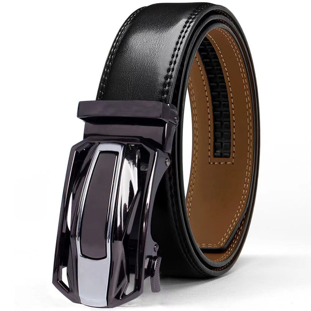 Men's Shiny Coupe Shaped Automatic Buckle Leather Belt - Black - 46 - image 0