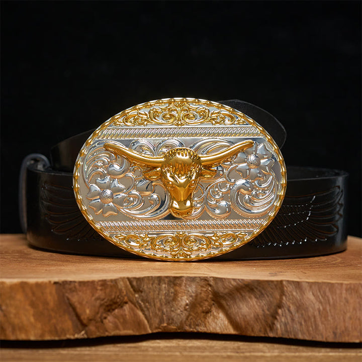 Men's Golden Bull Head Exquisite Carving Elliptical Buckle Leather Belt - Black Embossed Eagle Belt - 42 - image 2