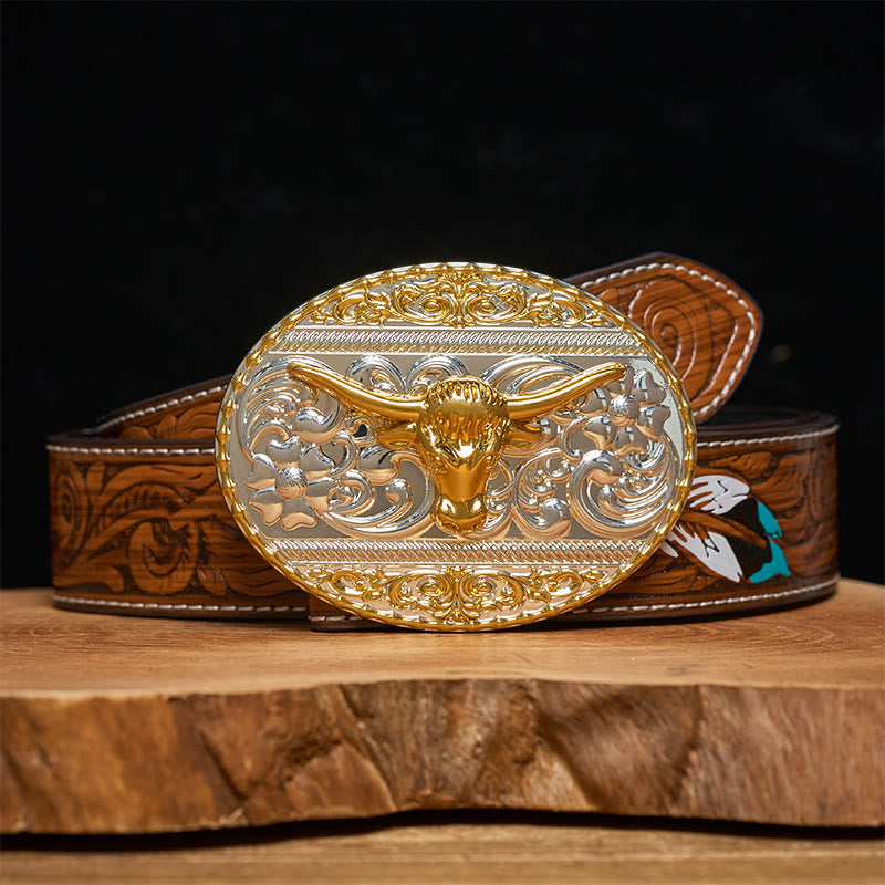 Men's Golden Bull Head Exquisite Carving Elliptical Buckle Leather Belt - Brown Feather Belt - 40 - image 7